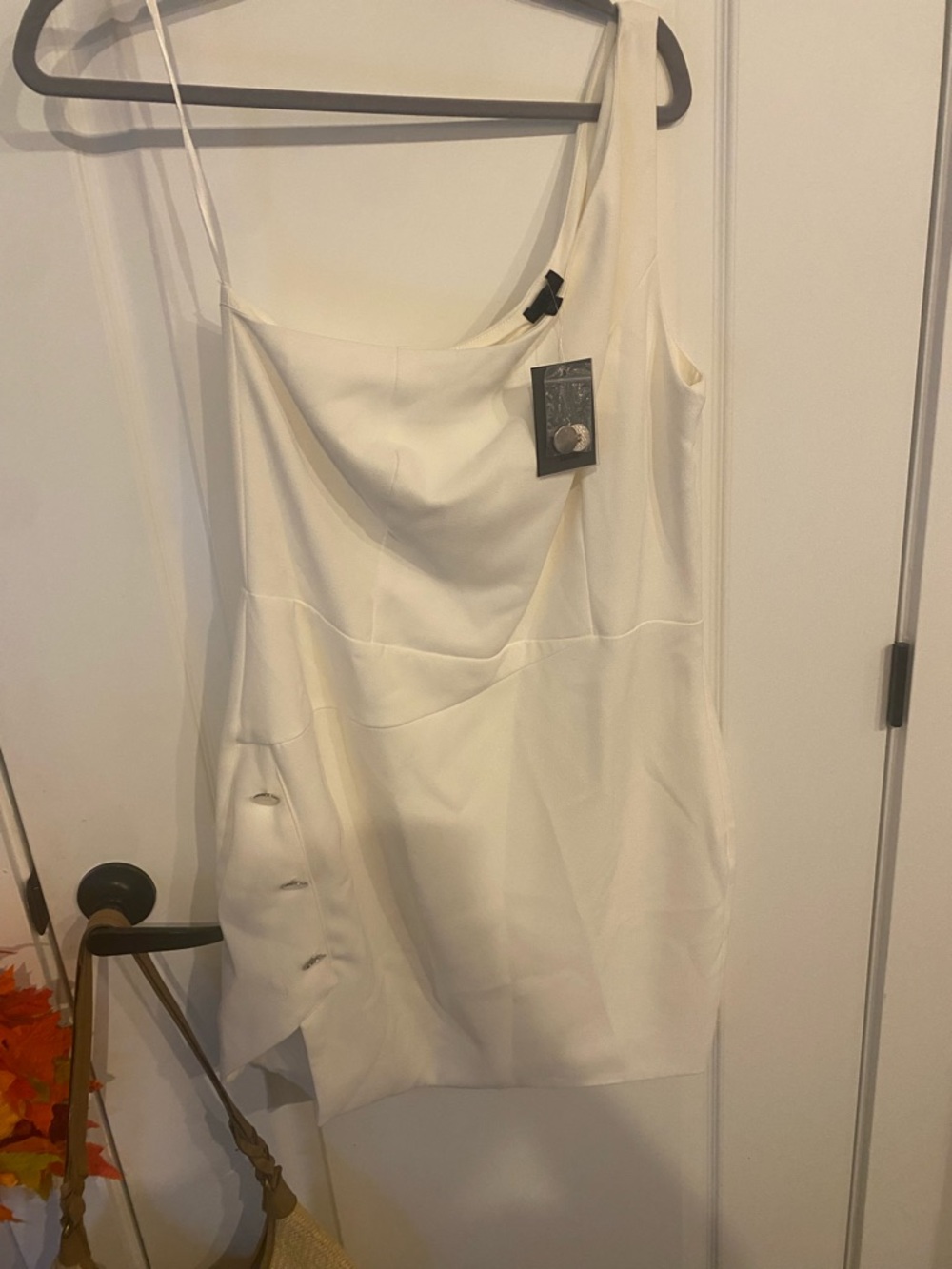NBD Ivory One-Shoulder Asymmetric Slip Dress